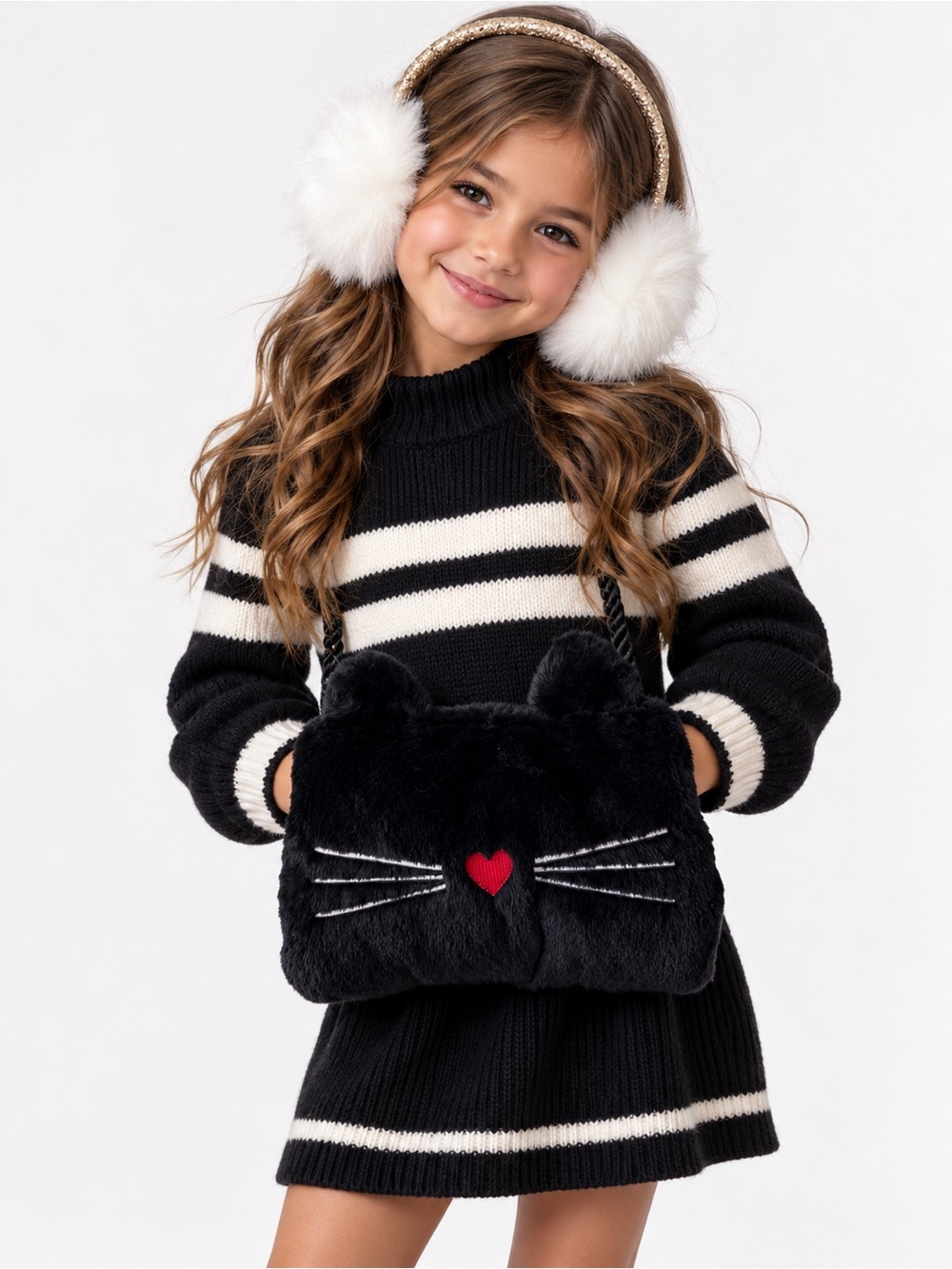 Cat & Jack Black Cat Hand Muff and White Faux Fur Ear Muff Costume One Size